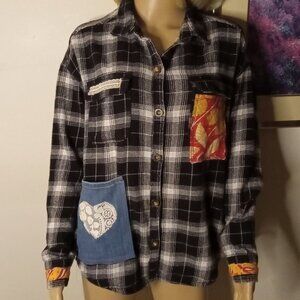 Hollister Flannel Shirt M Kantha Denim Lace Lots of Pockets Upcycled  F50.
